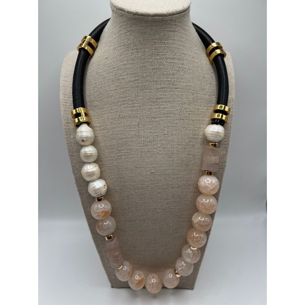 Freshwater Pearl Frosted Agate Statement Necklace Coastal Luxe Boho Minimalist